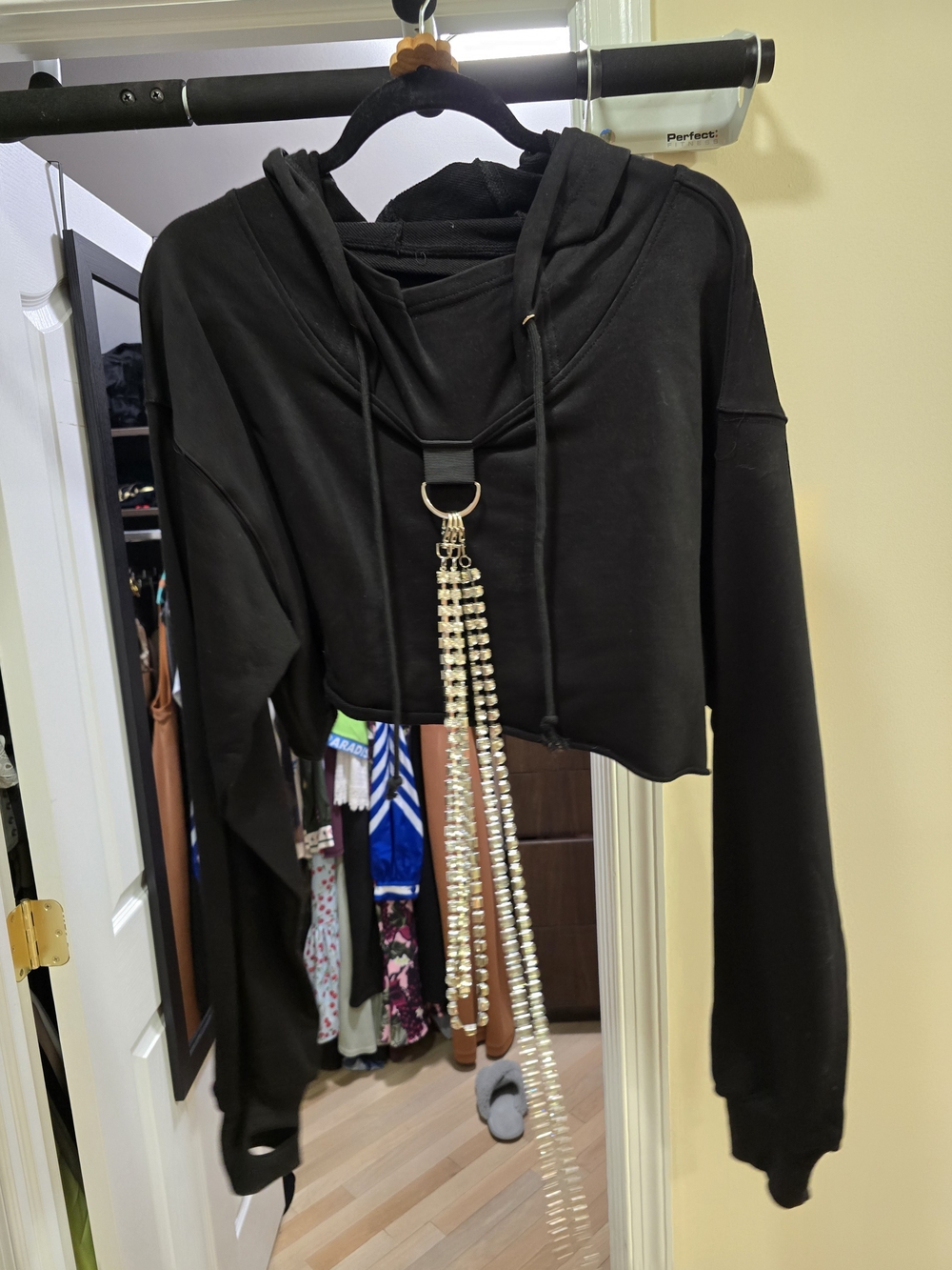 Black Cropped Hooded Sweatshirt with Pendant Detail